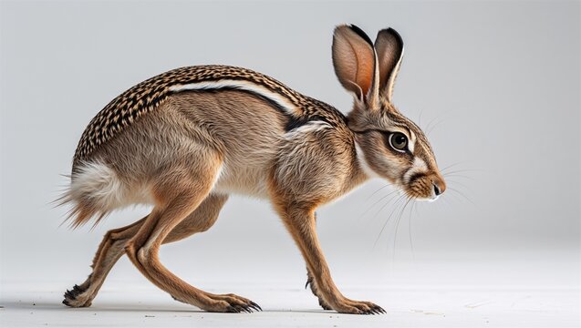 Full-body springhare in crouched pose with strong hind legs and long tail, on white