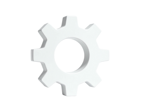 White 3D gear icon on a transparent background, mechanical and functional