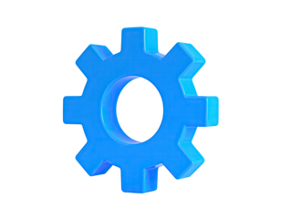 Blue glossy gear graphic isolated on black, simple 3D illustration