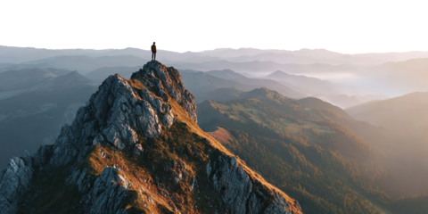 Traveler standing on picturesque rocky mountain peak, isolated on transparent cutout background