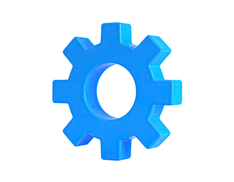 Blue glossy gear graphic isolated on black, simple 3D illustration