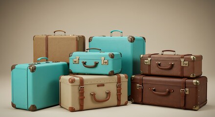 Vintage suitcases arranged with handles and secure clasps on neutral background
