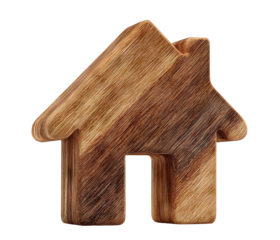 Rounded wooden house icon with smooth texture, isolated on transparent cutout background