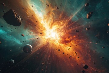 A cosmic scene featuring a bright explosion with planets and asteroids scattered around the galaxy