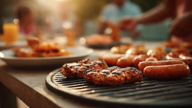 Barbecue Feast in the Sun: A close-up shot captures the sizzle and smoky allure of a barbecue feast, as succulent grilled meats and sausages invite a sun-drenched gathering of friends and family. 