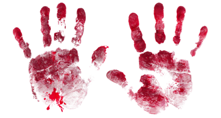 Set of two bloody handprints, isolated on transparent cutout background