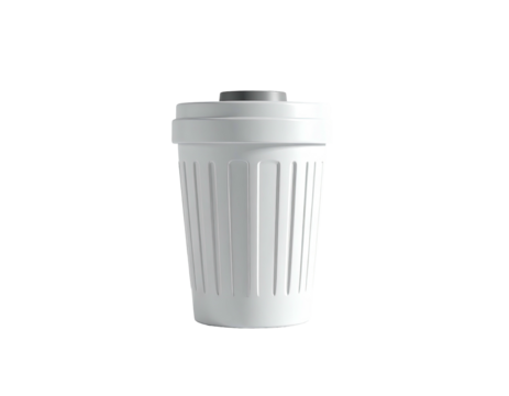 White, cylindrical waste receptacle with a ridged body and a dark top