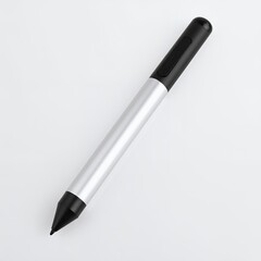 Stylus pen with sleek silver body and black accents displayed against a pristine white background