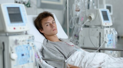 Obraz premium Hospital scene shows a man in a hospital bed looking serious while connected to medical equipment in a modern healthcare facility