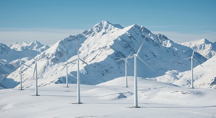 Wind turbines generate energy in snowy mountain landscape under clear sky