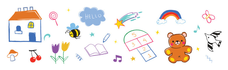 Obraz premium Children crayon doodles, presschool drawing