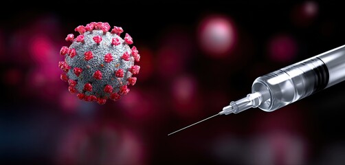 vaccine virus development concept. Vaccine syringe with a virus illustration, representing health and medical themes.