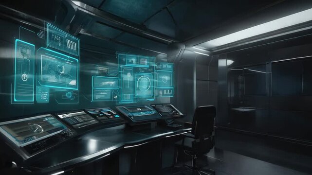 Experience a stunning futuristic command center with advanced holographic displays for data analysis and innovation.