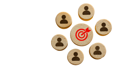 Wooden circles with user icons, a central target