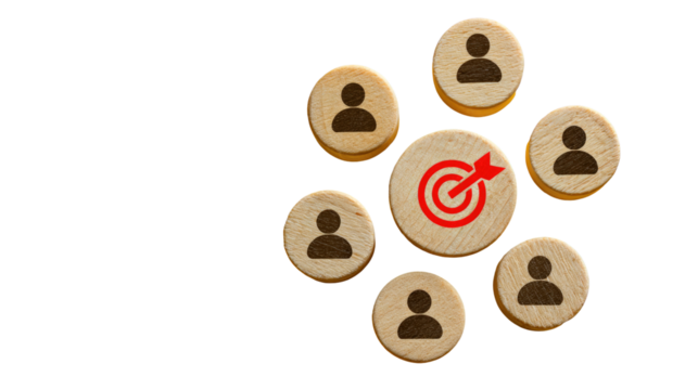 Wooden circles with user icons, a central target