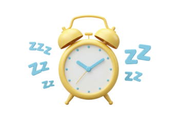 Isolated yellow alarm clock with light-blue ZZZ text indicating sound sleep or napping time