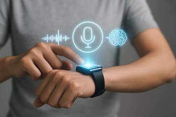 Close-up of a person using a smartwatch with a bright glow, featuring holographic icons for voice control, sound waves, and an artificial intelligence brain concept