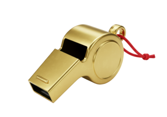 Isolated Gold Metal Whistle with a Red String, Sporting Equipment used by referees and coaches