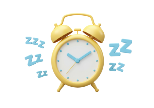 Isolated yellow alarm clock with light-blue ZZZ text indicating sound sleep or napping time