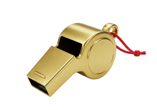 Isolated Gold Metal Whistle with a Red String, Sporting Equipment used by referees and coaches