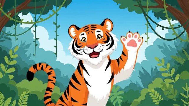 Animated Tigers Waving in Lush Jungle Backdrop Seamless Loop Pattern