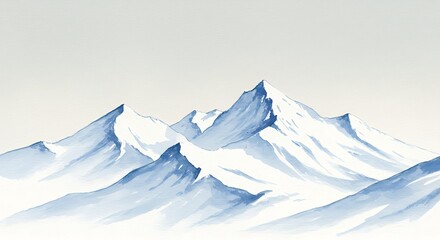 Watercolor painting of snow capped mountain range under a cloudy sky