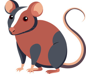 A stylized cartoon illustration of a sitting mouse with a unique reddish-brown, dark grey, and white fur pattern.