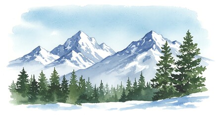 Fototapeta premium Watercolor painting of snow capped mountains and evergreen trees under a blue sky