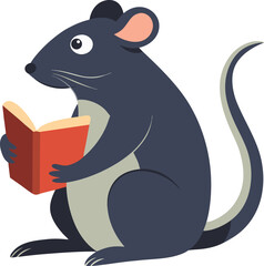 A cartoon illustration of a clever gray mouse wearing a small black hat while reading a red book.