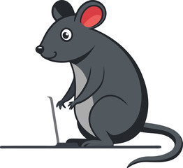A cartoon gray mouse standing upright and typing on a small laptop computer.