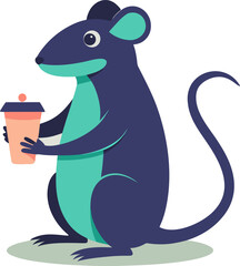 A charming cartoon illustration of a dark blue rat wearing a small hat while holding a beverage cup.
