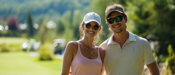 Golfing on a golf course with a young, athletic couple