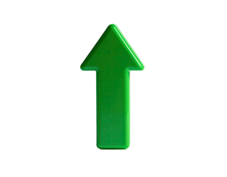 A bright green arrow pointing upwards against a stark black background
