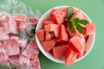 Frozen watermelon cubes sealed in transparent plastic food package