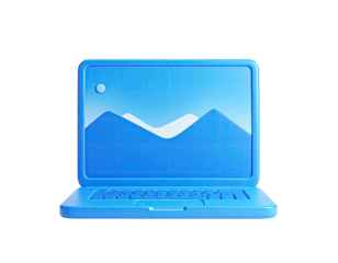 A 3D rendering of a blue laptop displaying a landscape image