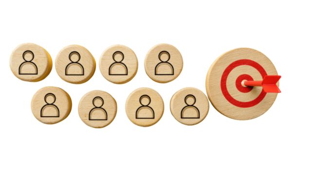 Wooden circles with person icons, lined up beside a target with arrow