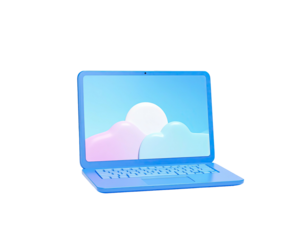 3D rendered laptop with a pastel landscape screen against a black background