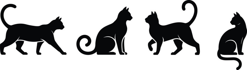 Silhouette of cats, walking and sitting poses, black cat vector design, feline shapes illustration, domestic pet art, animal outline