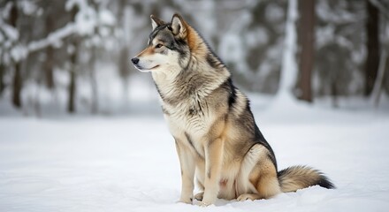 Fototapeta premium Majestic Wolf Sitting in Snowy Winter Forest Landscape.