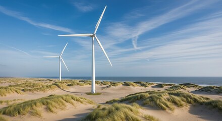 Wind turbines on sandy beach under blue sky renewable energy concept