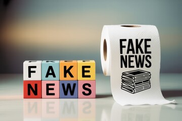 A conceptual image illustrating the worthlessness of fake news and disinformation, with text on toy blocks and toilet paper