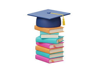 Isolated stack of books with graduation cap, symbol of education and learning skills concept