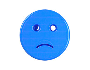 Fototapeta premium A blue, glossy emoji displays a sad face on a grid against a stark black background