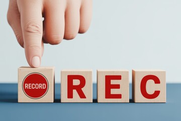 Close-up of a hand pressing a wooden block with a red record button symbol, initiating the start of a recording or process