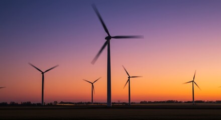 Wind turbines silhouettes against vibrant sunset sky producing clean energy