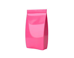 Pink, shiny, upright pouch with a sealed top, set against a black backdrop
