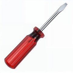 Close-up of a screwdriver featuring a red handle on a crisp white backdrop