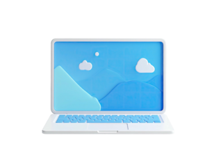 A 3D laptop with a minimalist landscape of mountains and clouds displayed