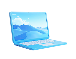 A light blue laptop, open, displaying a serene blue desert landscape