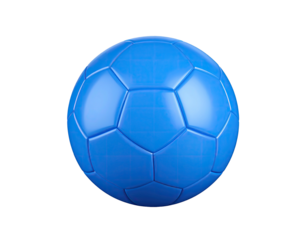 A vibrant blue soccer ball, a classic polygonal design, sits against a black backdrop
